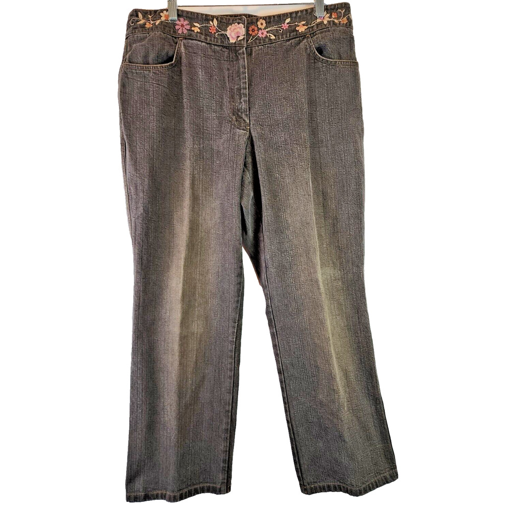 Apostrophe Jeans Women's 16P Black Denim Straight Leg Embroidered Waistband